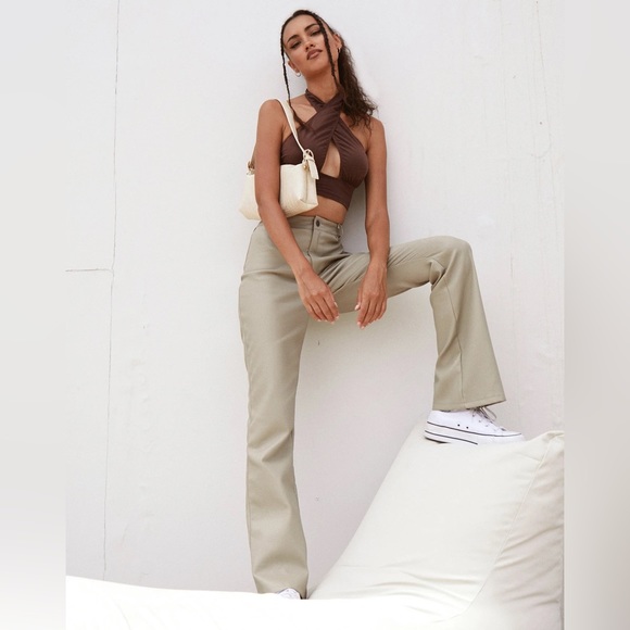 Motel Zoven Flare Faux Leather Pants in Sage - Picture 1 of 11